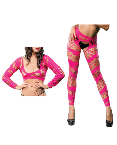 Beverly Hills Naughty Girl Crotchless Mesh & Fishnet Leggings Pink O/S