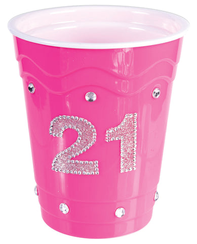 21 Birthday Plastic Cup w/Clear Stones - Pink