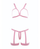 Kitten Teaser Strappy Open Cup Bra & Open Panty w/Leg Straps Pink O/S