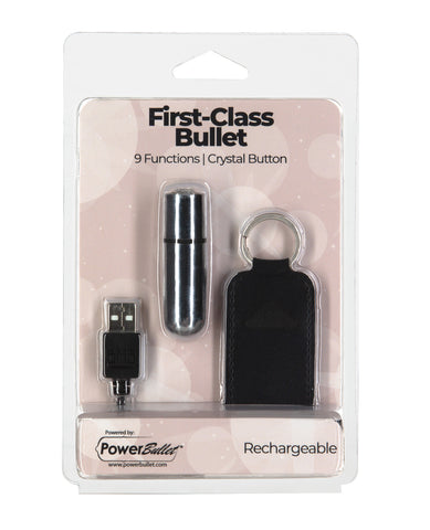 First Class Mini Rechargeable Bullet w/Crystal - 9 Functions Silver