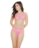Play Darque Elastic Bra, Pasties, & Crotchless Panty Neon Pink O/S