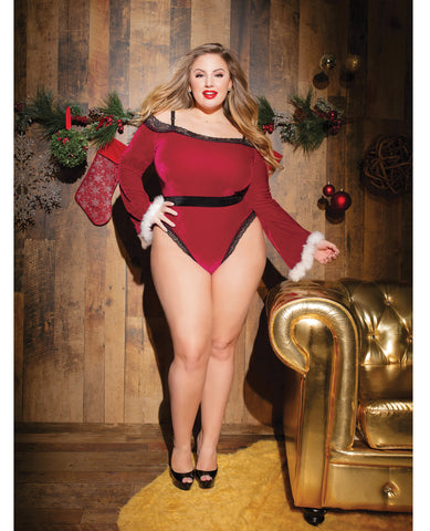 Holiday Velvet Off the Shoulders Teddy w/Lace & Faux Trim, Snap Crotch, Removable Straps & Belt R
