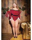 Holiday Velvet Off the Shoulders Teddy w/Lace & Faux Trim, Snap Crotch, Removable Straps & Belt R