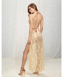 Lace Plunge Front Gown w/Halter Neck Champagne LG
