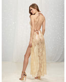 Lace Plunge Front Gown w/Halter Neck Champagne MD