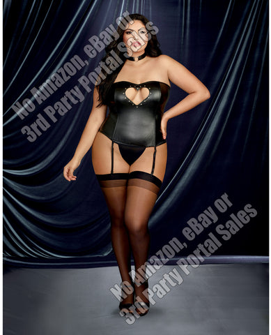 Faux-Leather Bustier w/Heart Cutout, attch Garters & Thong Black 40