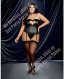 Faux-Leather Bustier w/Heart Cutout, attch Garters & Thong Black 42