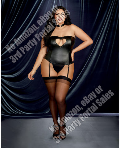 Faux-Leather Bustier w/Heart Cutout, attch Garters & Thong Black 42