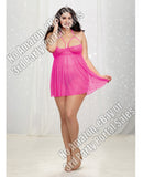 Lace & Dotted Mesh Babydoll w/Strappy Underwire Cups & G-String Hot Pink 2X