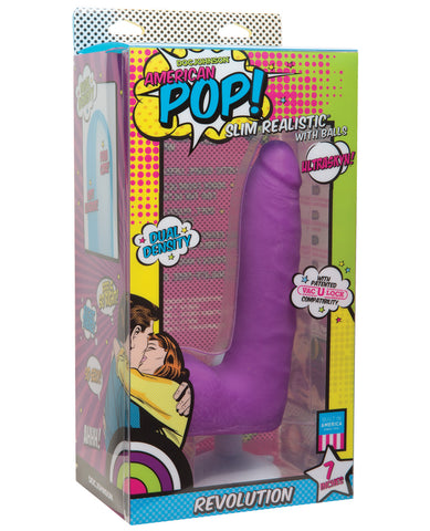 American Pop Revolution Ultraskyn 7" Dong w/Balls & Suction Cup - Purple, Dongs & Dildos,- www.gspotzone.com