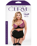 Curve Cassie Underwire Bra w/Gartered Skirt & Panty Black/Pink 1X/2X