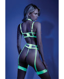 Glow Black Light Embroidered Harness Bra, Leg Garterbelt & G-String Neon Chartreuse L/XL