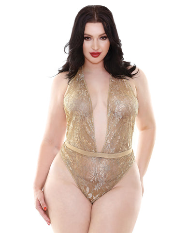Holiday/Valentines Champagne Wishes Lace Halter Teddy w/Elastic Waistband Gold 3X/4X