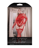 Sheer Infatuation Long Sleeve Teddy w/Attached Footless Stockings Red QN