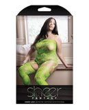 Sheer Cosmic Love Strappy Geometric Gartered Bodystocking Neon Green QN