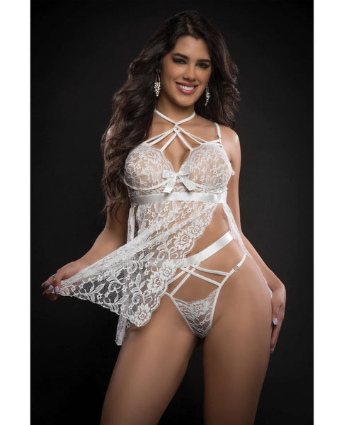 Lace Halter Babydoll w/High Waist Strappy Panty White O/S