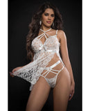Lace Halter Babydoll w/High Waist Strappy Panty White O/S
