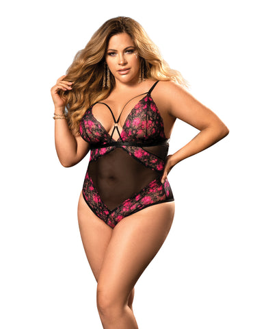 Demi Cup Lace & Mesh Teddy Black/Hot Pink 2X/3X