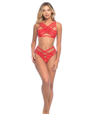 Strappy Elastic & Mesh Soft Cup Bra & Ruched Back Panty Red O/S