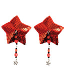 Sequin Nipple Covers Star w/Beads & Flower Charm - Red