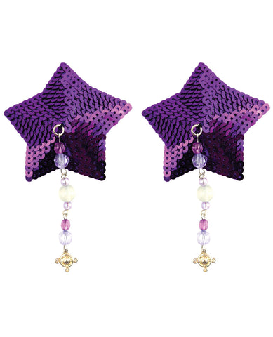 Sequin Nipple Covers Star w/Beads & Pewter Charm - Purple