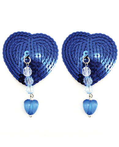 Sequin Nipple Covers Heart w/Beads and Heart Charm - Blue