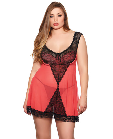 Holiday/Valentines Lace & Mesh Babydoll w/Panty Red/Black 3X