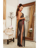 2 pc Mesh Halter High Slit Gown w/Collar & Decorative Fasteners & Hair Chopsticks - Black/Red, Costumes,- www.gspotzone.com