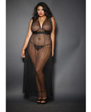 Sheer Mesh Gown w/Cut Out Sides & Ties in Back w/G-String Black QN