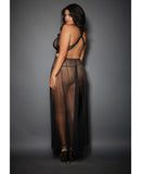 Sheer Mesh Gown w/Cut Out Sides & Ties in Back w/G-String Black QN