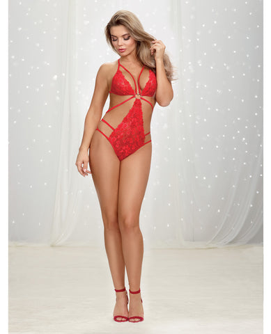 Heart Lace Teddy w/Strappy Back & Silver Heart Embellishment Lipstick Red O/S