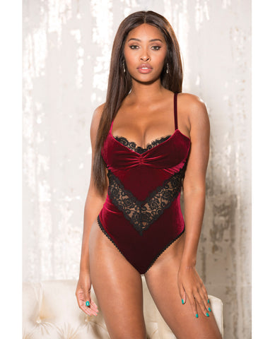Holiday Stretch Velvet & Lace Teddy w/Underwire Cups & Adjustable Straps Burgundy LG
