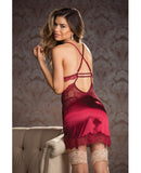 Holiday Stretch Lace Chemise w/Adjustable Straps, Garters & G-String Wine LG