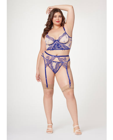 Sheer Stretch Mesh w/Floral Contrast Embroidery Bustier, Garter Belt & Thong Blue/Nude 1X/2X